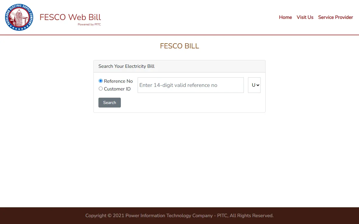 fesco bill check online: screenshot of the official bill.pitc.com.pk page