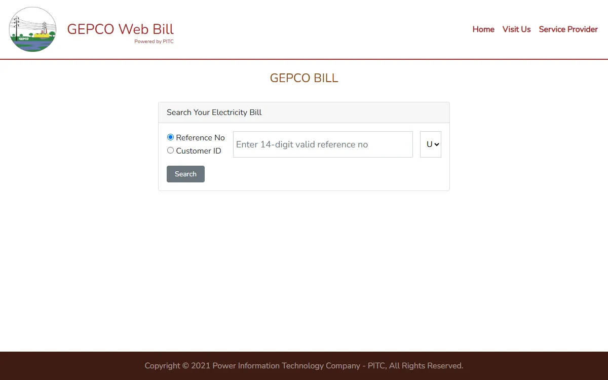 gepco bill check online: screenshot of the official bill.pitc.com.pk page
