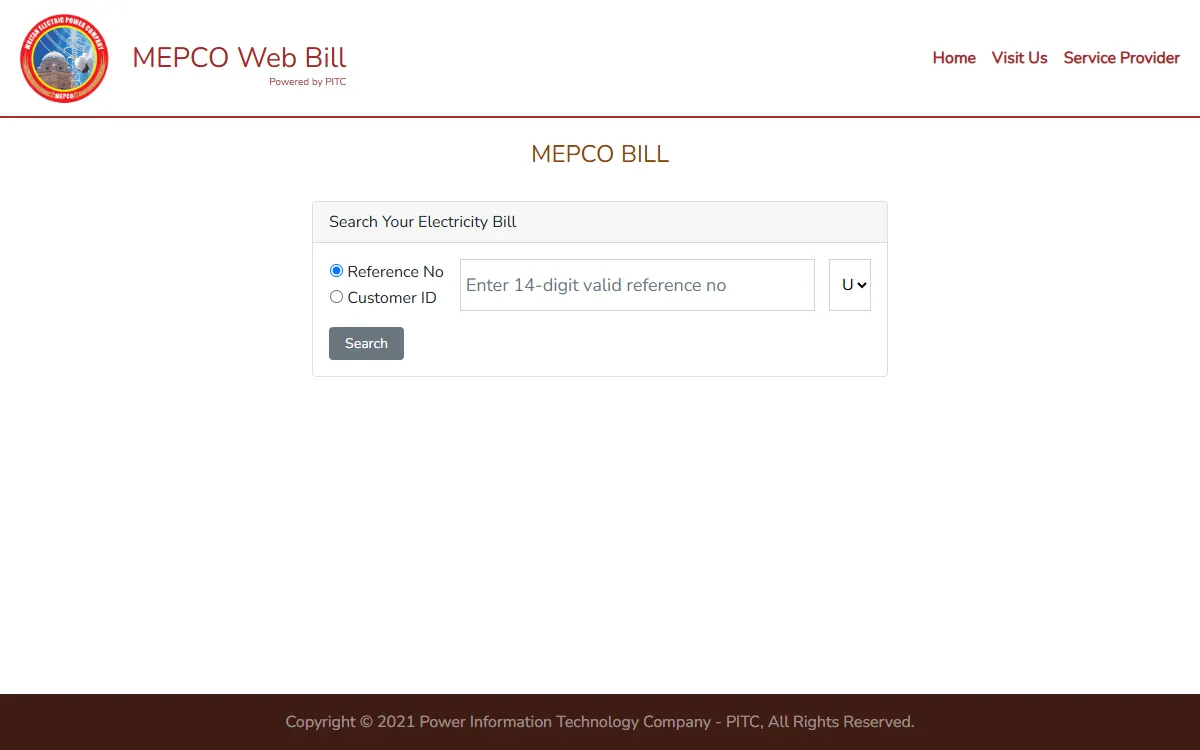 mepco bill check online: screenshot of the official bill.pitc.com.pk page