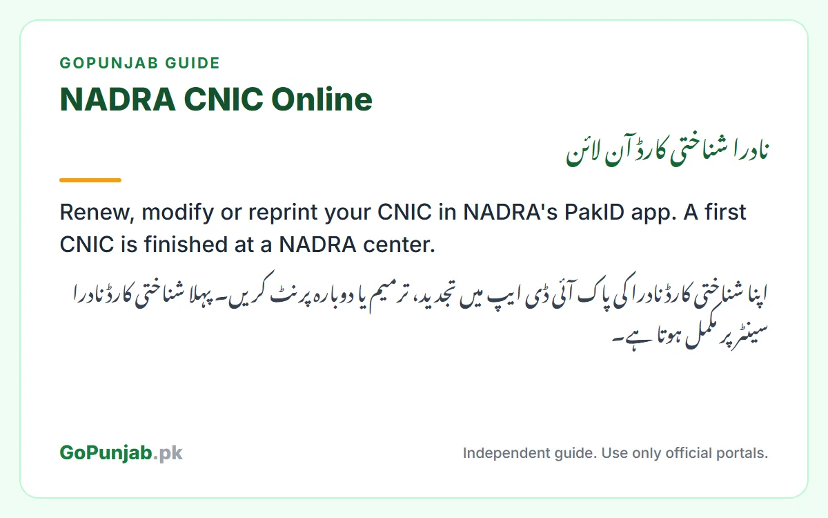 NADRA CNIC online: GoPunjab key facts card