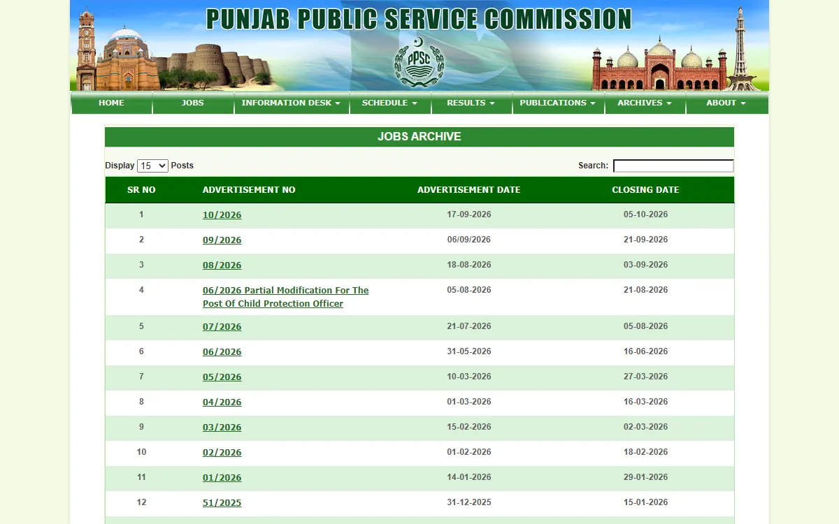ppsc advertisement 10 2026: screenshot of the official ppsc.gop.pk page