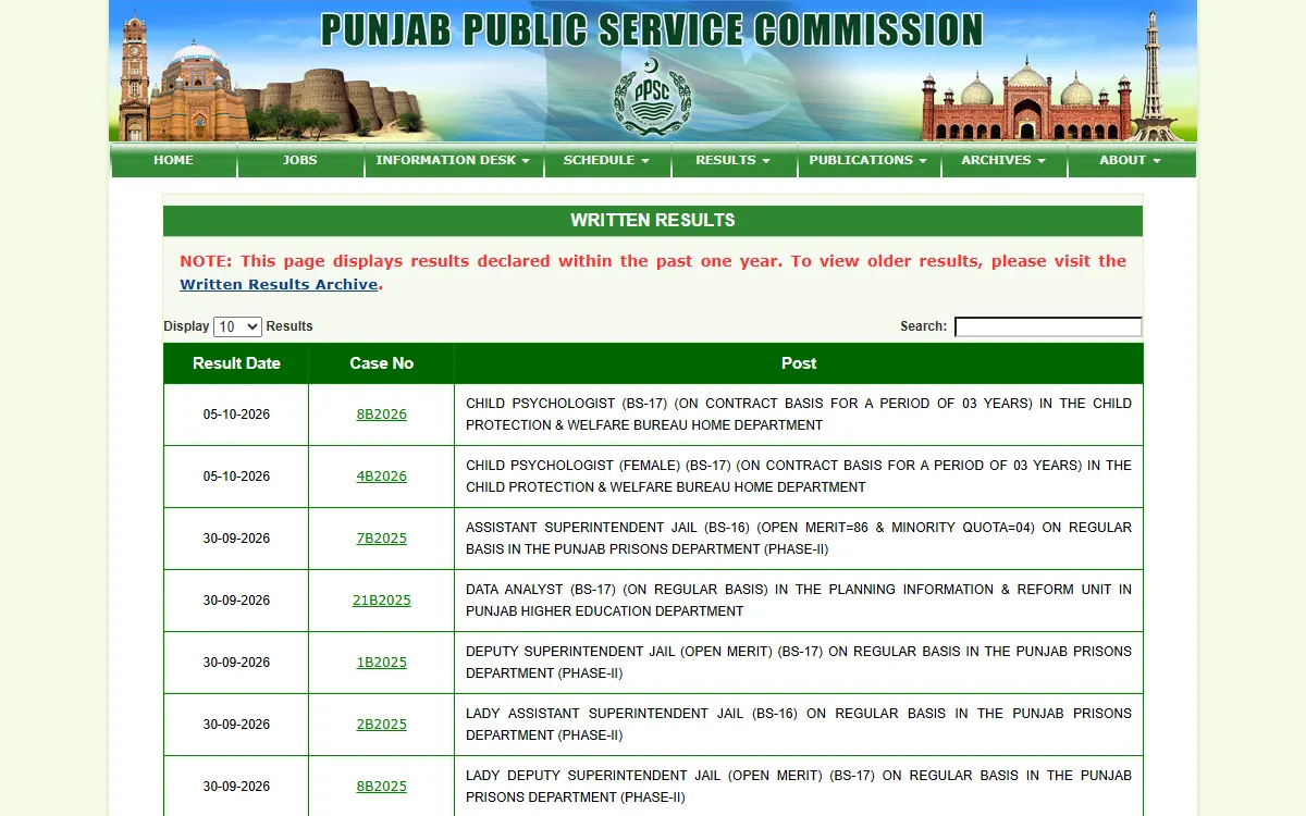 ppsc written result 2026: screenshot of the official ppsc.gop.pk page