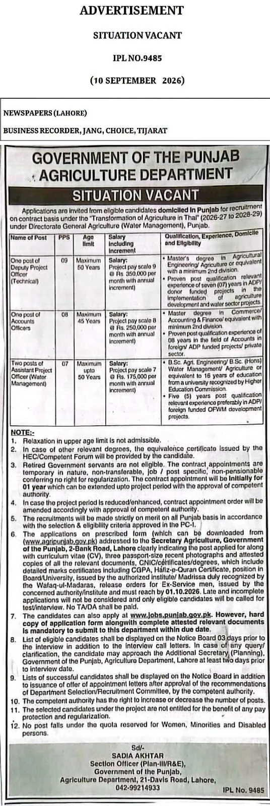 agriculture thal project jobs 2026: Official advertisement, Agriculture Department, Government of the Punjab