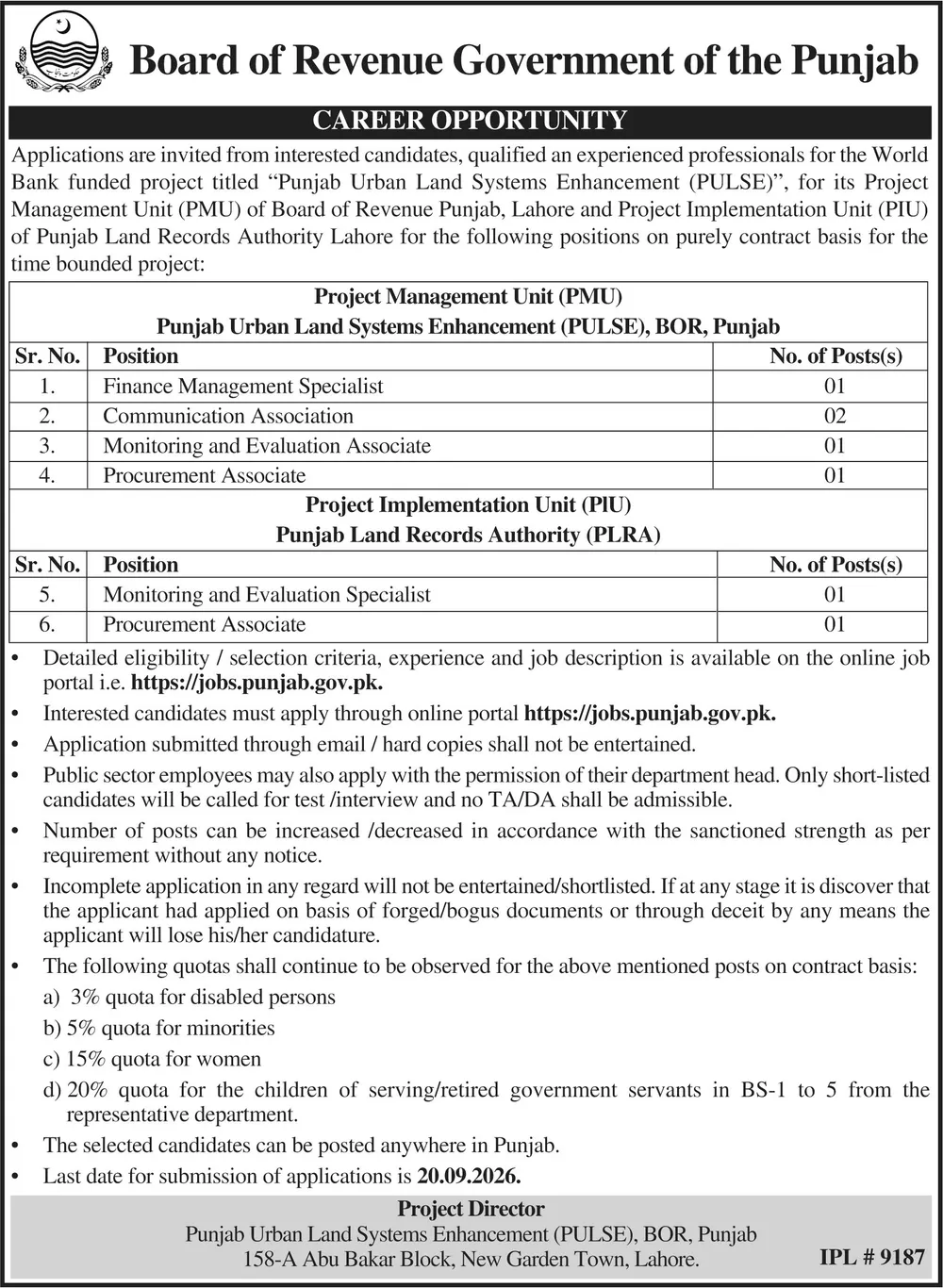 board of revenue punjab jobs 2026: Official advertisement, Board of Revenue, Government of the Punjab