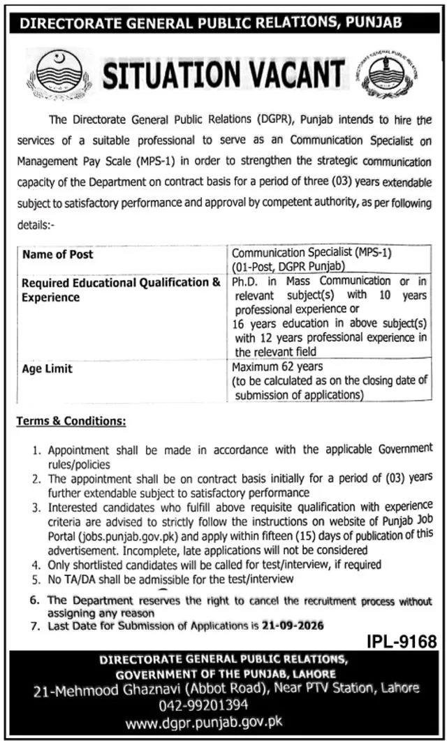 dgpr communication specialist jobs 2026: Official advertisement, Directorate General Public Relations, Government of the Punjab