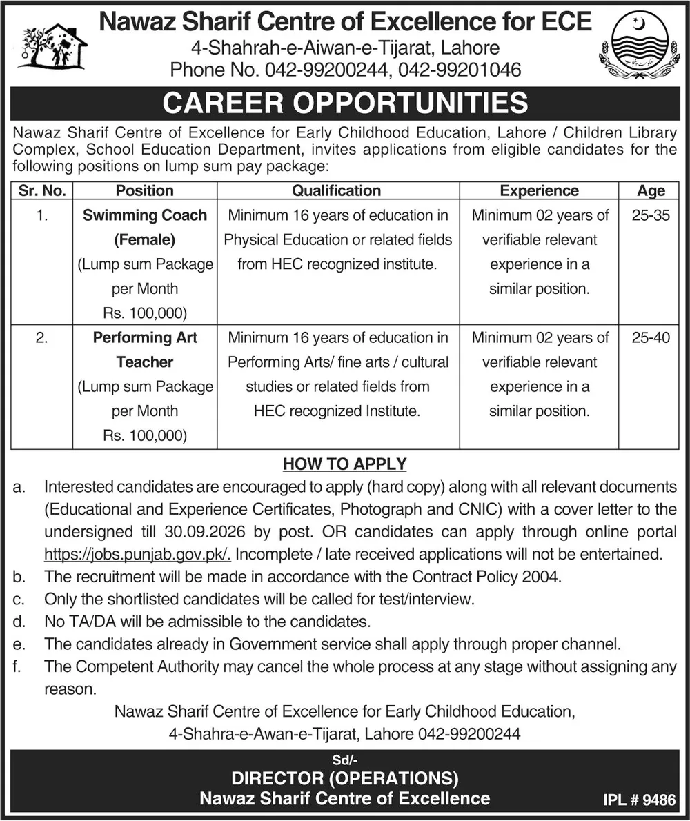 swimming coach jobs lahore 2026: Official advertisement, Nawaz Sharif Centre of Excellence for Early Childhood Education, School Education Department Punjab