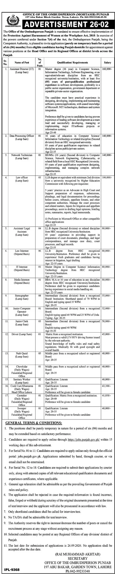 ombudsperson punjab jobs 2026: Official advertisement, Office of the Ombudsperson Punjab