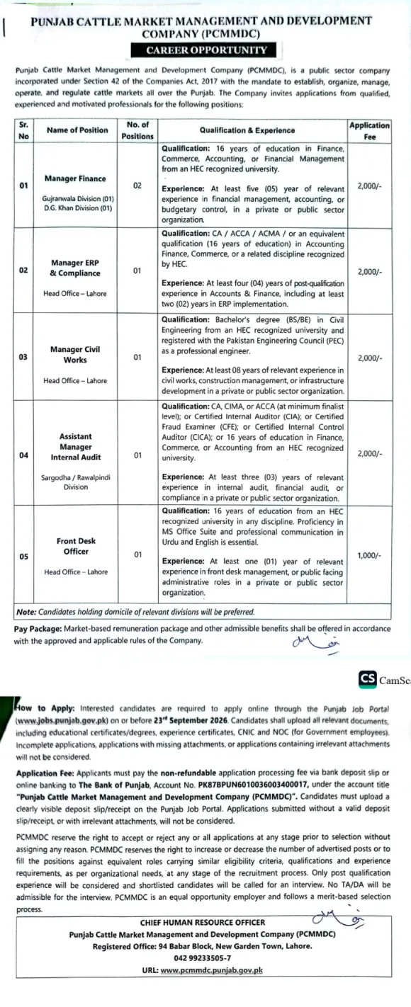 pcmmdc jobs 2026: Official advertisement, Punjab Cattle Market Management and Development Company