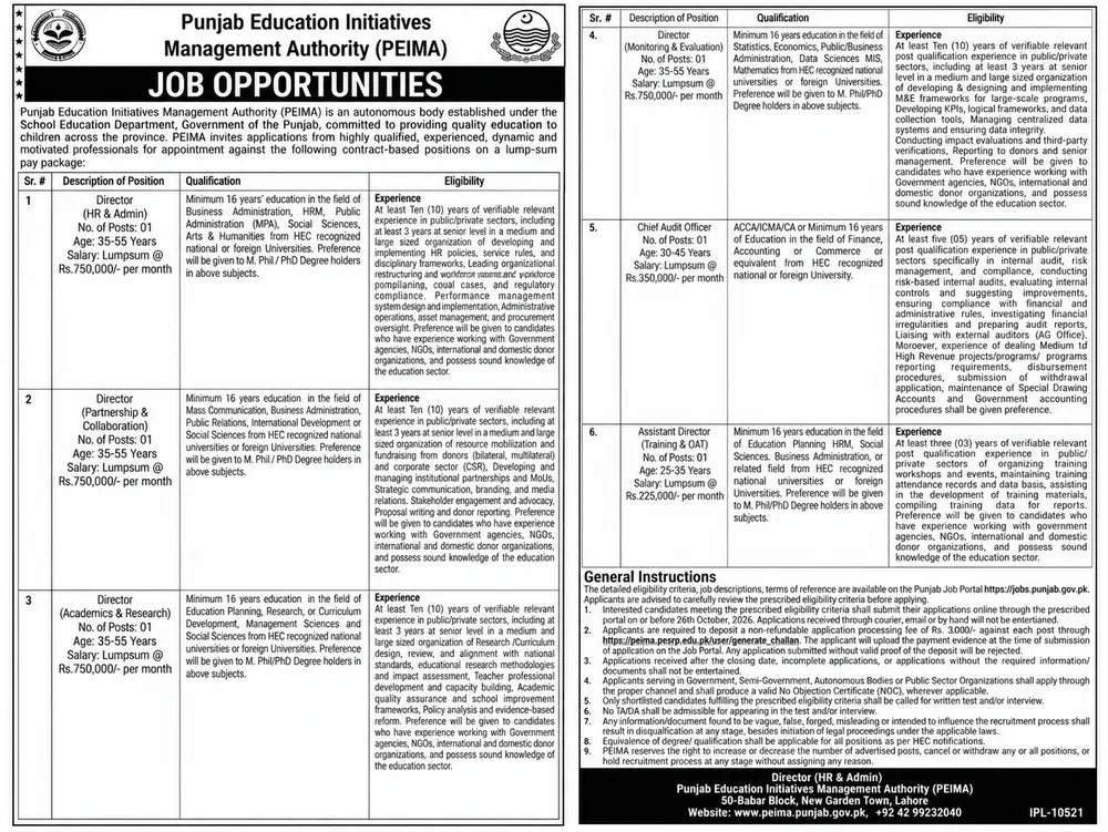 peima director jobs 2026: Official advertisement, Punjab Education Initiatives Management Authority