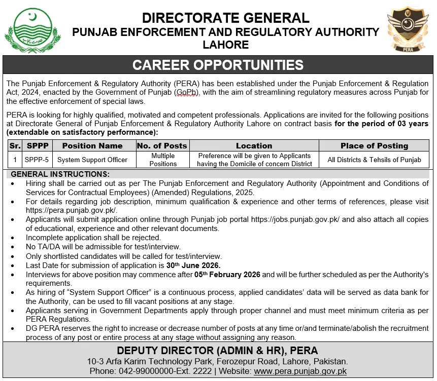 pera system support officer jobs 2026: Official advertisement, Punjab Enforcement and Regulatory Authority