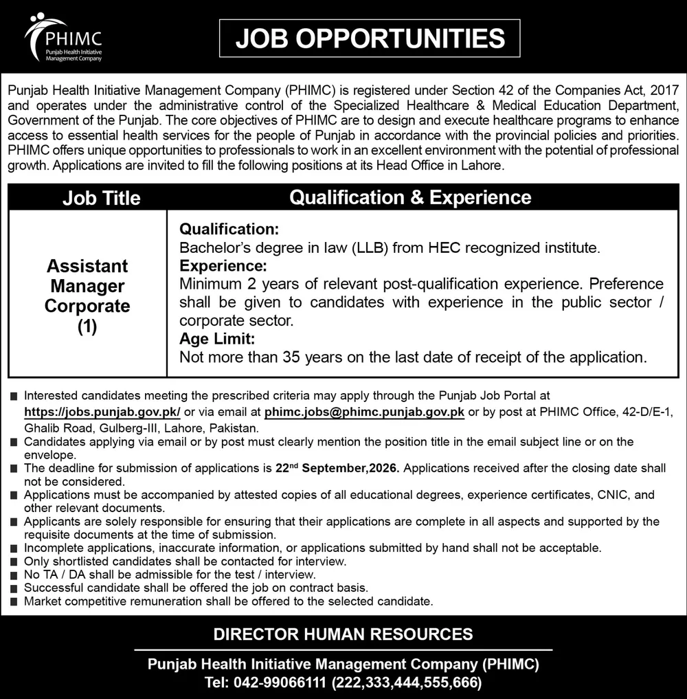 phimc assistant manager corporate jobs 2026: Official advertisement, Punjab Health Initiative Management Company (PHIMC)