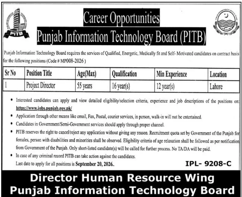 pitb project director jobs 2026: Official advertisement, Punjab Information Technology Board