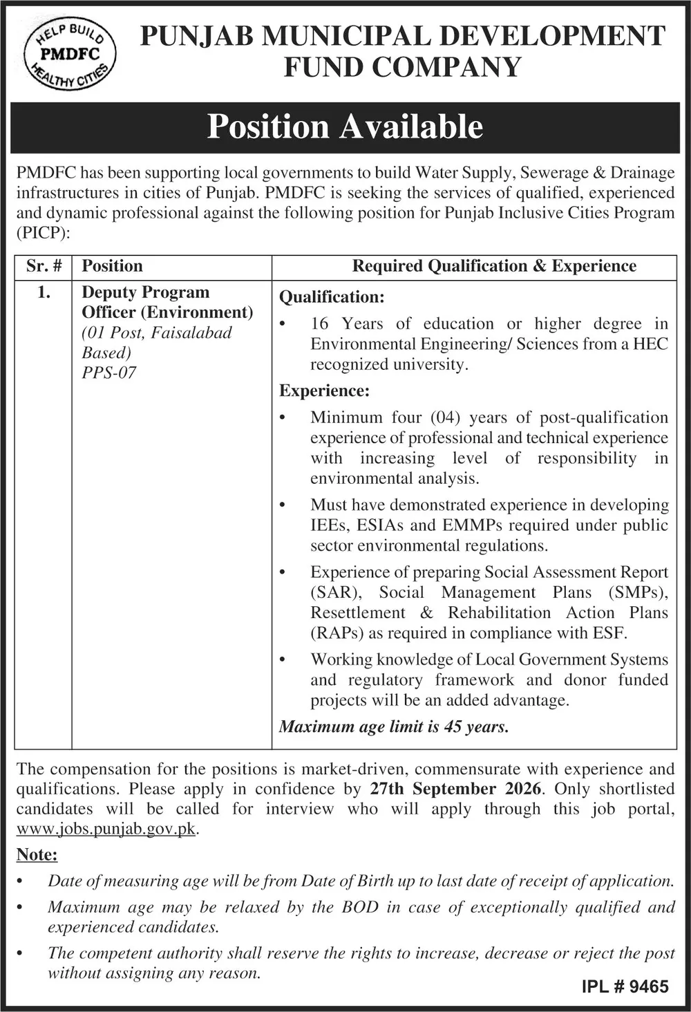 pmdfc deputy program officer jobs 2026: Official advertisement, Punjab Municipal Development Fund Company (PMDFC)