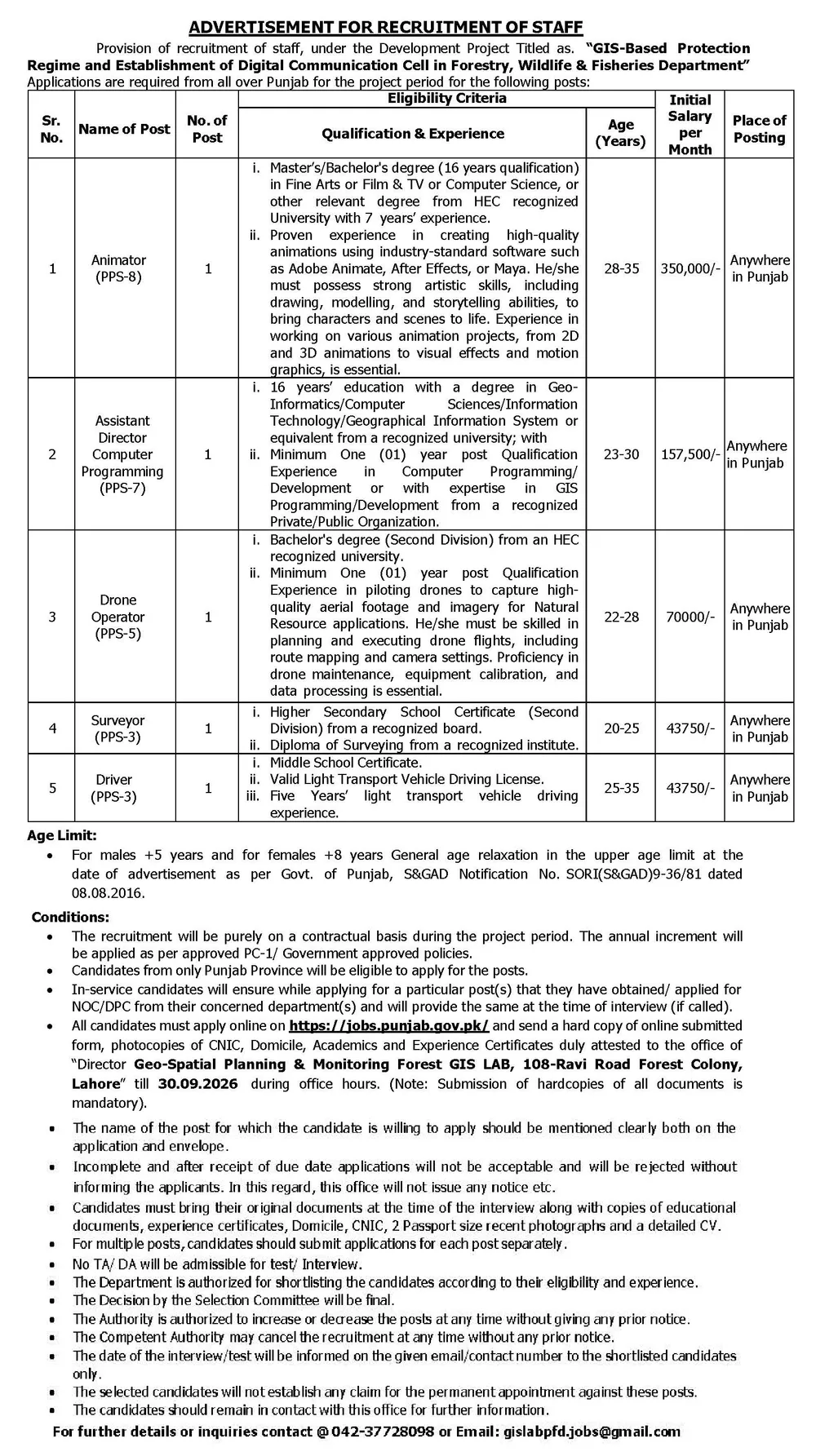 punjab forest department jobs 2026: Official advertisement, Forestry, Wildlife & Fisheries Department, Punjab