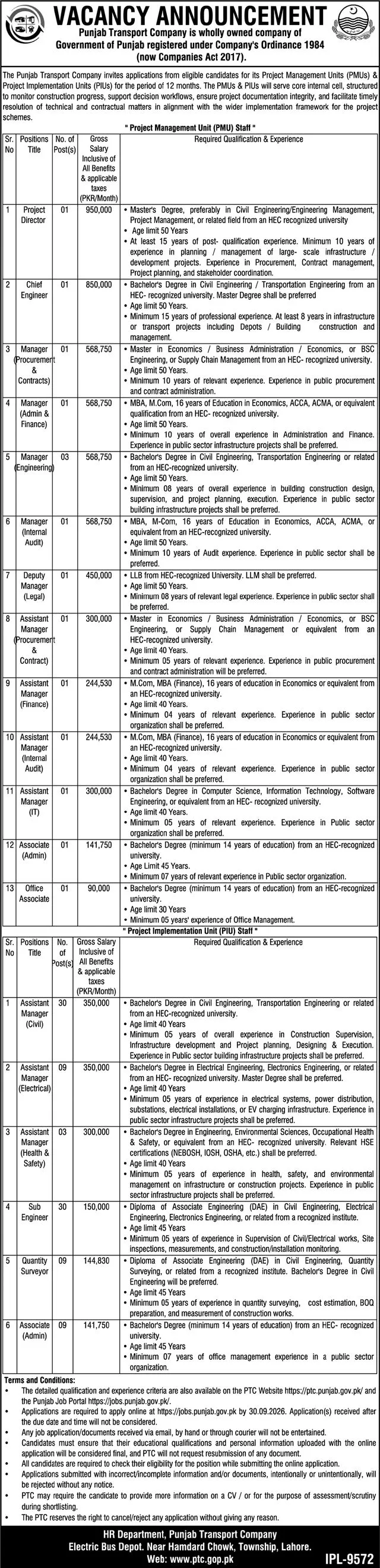 punjab transport company jobs 2026: Official advertisement, Punjab Transport Company