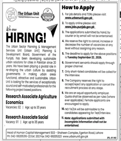 urban unit jobs 2026: Official advertisement, The Urban Sector Planning & Management Services Unit (The Urban Unit), Planning & Development Board, Government of the Punjab